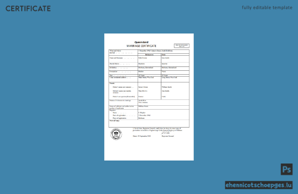 Australische Queensland-Heiratsurkunde in Word – Beispielvorschau